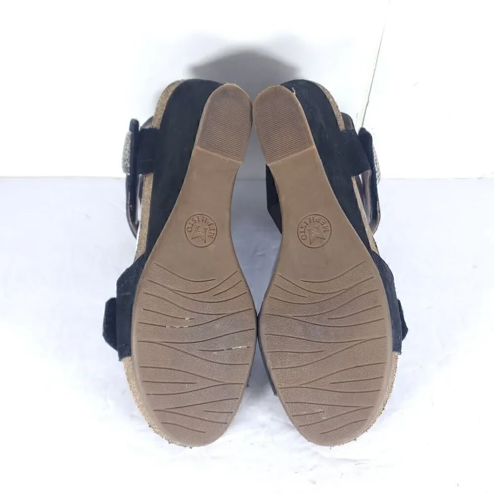 Mephisto Women's Jackie 40 US9-9,5 Black Leather Cork Embellished Wedge Sandals